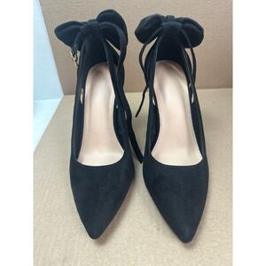 ZBY Black Faux Suede Bow Heel Pumps Pointed Toe Ankle Strap Heels Size 6.5